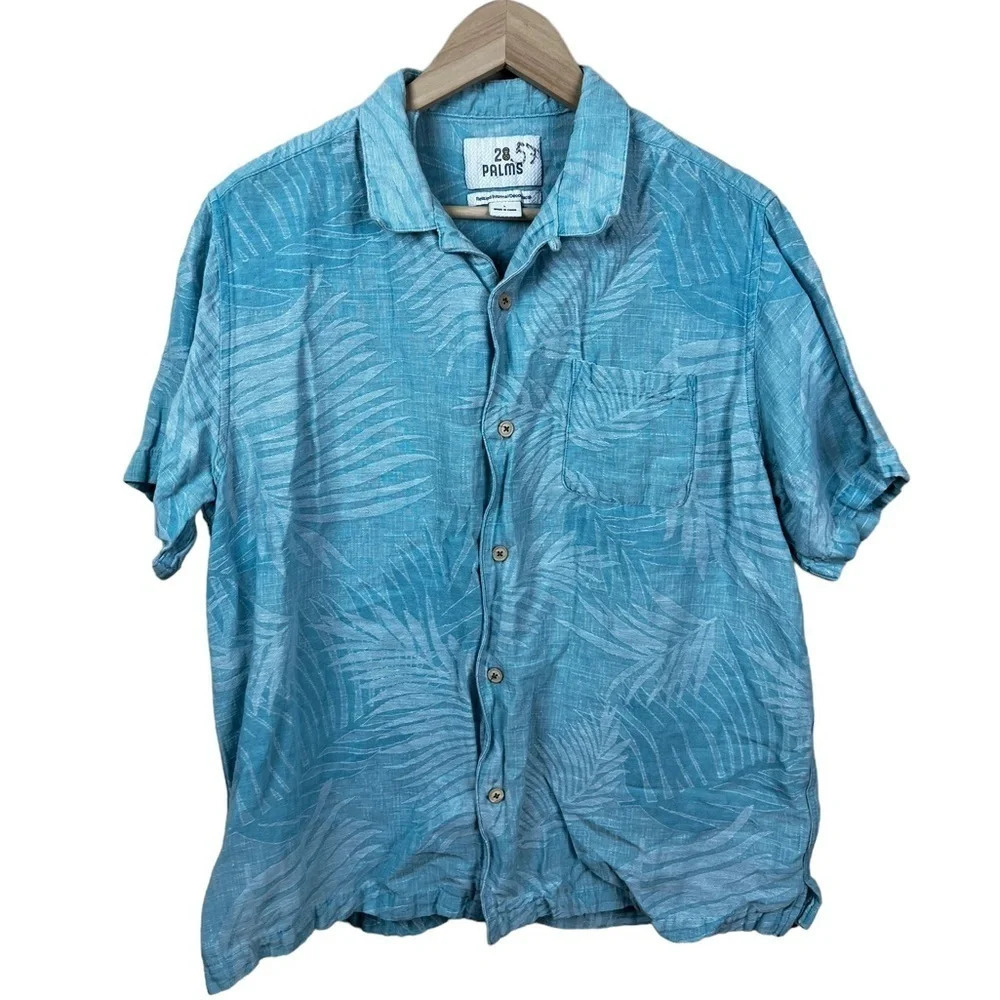 28 Palms • Blue Palm Silk Linen Button Down Short Sleeve Shirt
